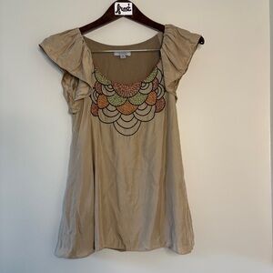 Jonesy 100% Mulberry Silk Flutter Sleeve Beaded Bust Blouse Womens sz XS preworn